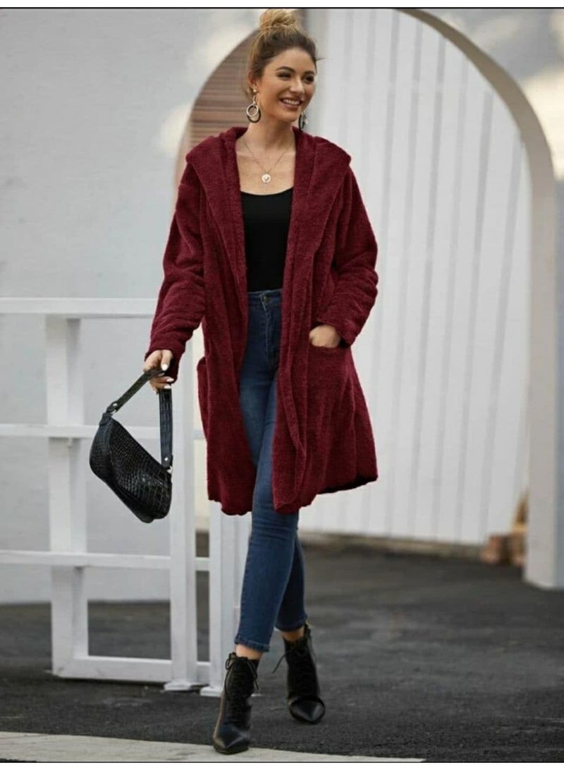 Solid Dual Pocket Open Front Teddy Coat (Burgundy) - Image 3